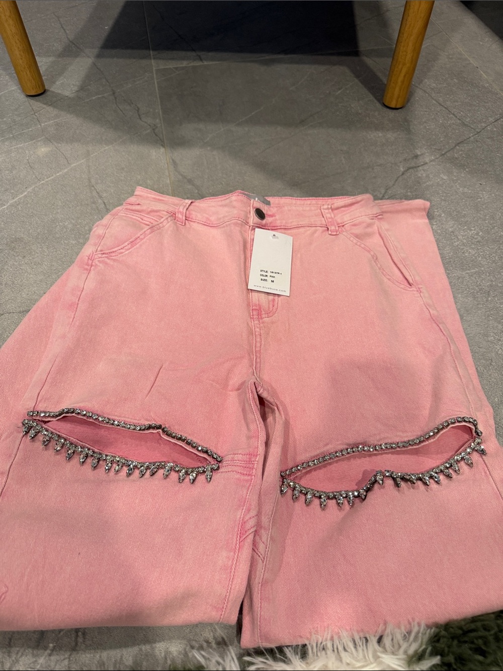 Pink Wide-Leg Jeans with Rhinestone Cutouts